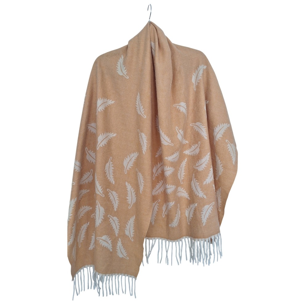 Cashmere Feather Print Shawl Wrap Peach Cream Fringed Reversible Scarf